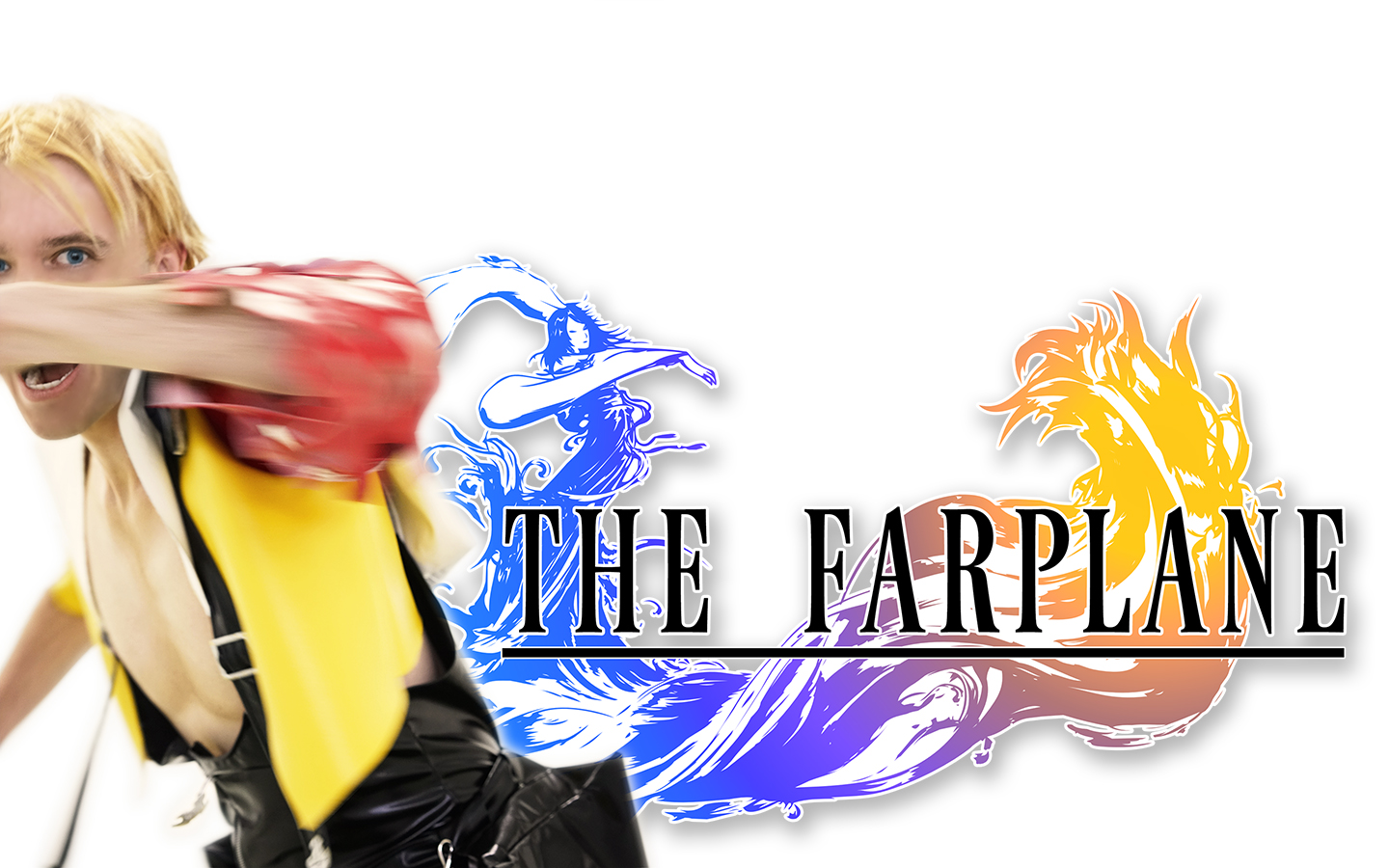 Jesse dressed as Tidus from Final Fantasy 10 yelling and swinging his arm at the camera with text that reads 'The Farplane'